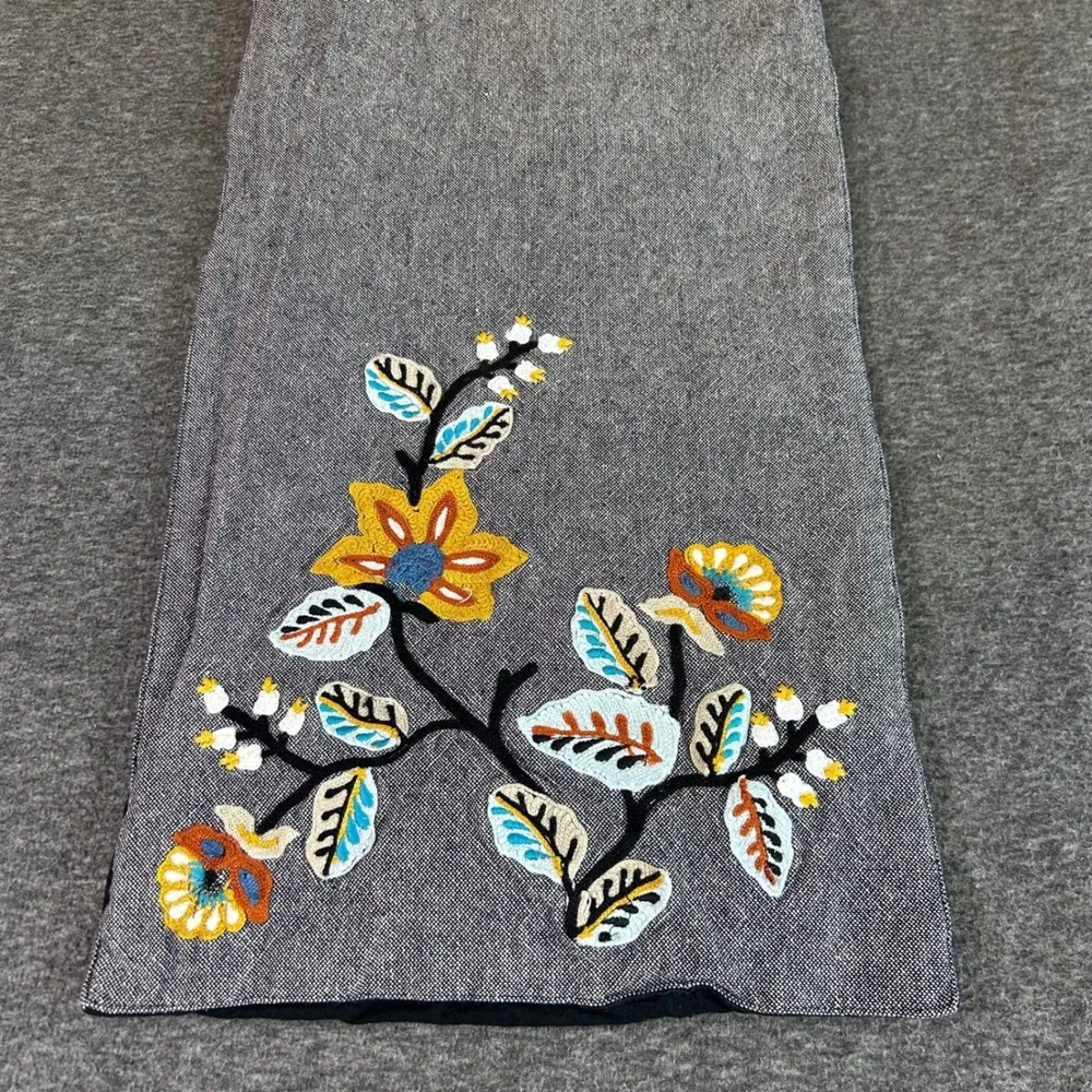 Floral Embroidered Table Runner Grey Chambray Boho Crewel Style 68x13